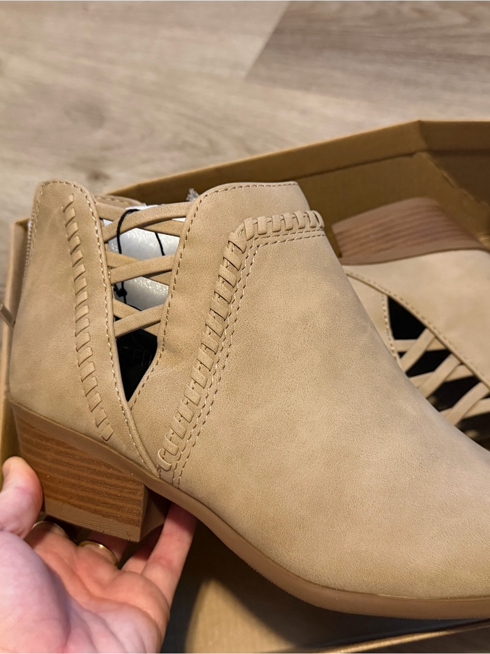 Soda Beige Cutout Ankle Booties with Low Block Heel